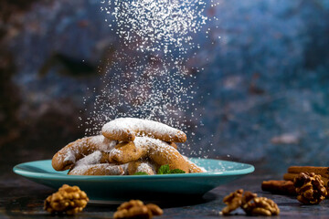 Homemade Cookies. Powdered Sugar. Dark Background