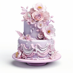 Fototapeta na wymiar cake in soft pink flowers on a white background, Al Generation