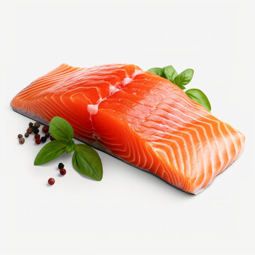 salmon fillet with herbs on a white background, top view, Al Generation