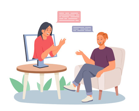 Man sitting at home and talking with psychologist. Appointment with psychologist. Emotional support and online consultation. Vector flat illustration in cartoon style