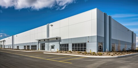 Realistic render of large logistic business transport warehouse dock station. Factory and transport house. Commercial office building.	
