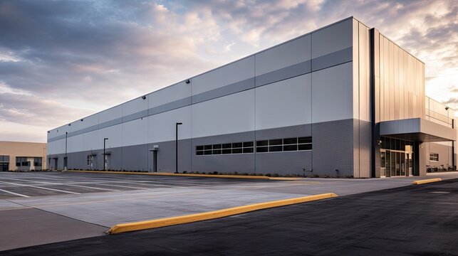 Realistic render of large logistic business transport warehouse dock station. Factory and transport house. Commercial office building.	