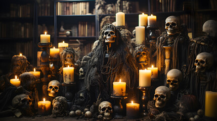 Fototapeta premium Haunted Halloween: Bone-Chilling Scenes - Scary, Halloween scene, Bone-chilling, Eerie atmosphere, Sinister creatures, Darkness, Shadows, Skeleton, Skull, Candles, Flickering candles, Ghosts