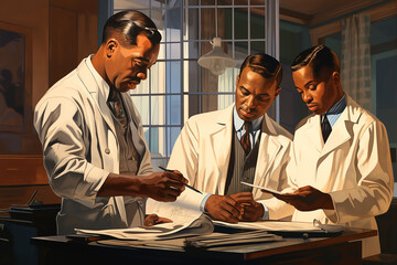 African doctors hold a consultation in a new clinic.   - obrazy, fototapety, plakaty