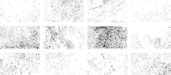 Overlay textures set stamp with grunge effect. Old damage Dirty grainy and scratches. Set of different distressed black grain texture. Distress overlay vector textures.	
