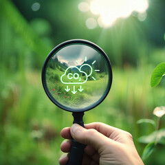 Hand holding magnifying glass with CO2 reduction icon inside. clean and friendly environment without carbon dioxide emissions. carbon credit to limit global warming from climate change carbon neutral