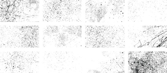 Overlay textures set stamp with grunge effect. Old damage Dirty grainy and scratches. Set of different distressed black grain texture. Distress overlay vector textures.	