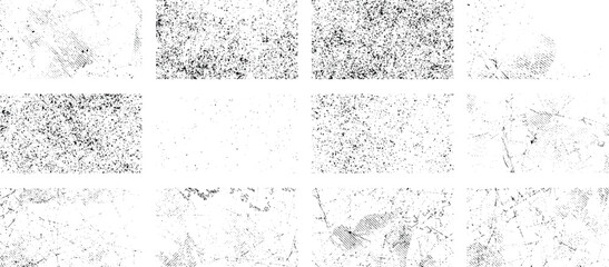 Overlay textures set stamp with grunge effect. Old damage Dirty grainy and scratches. Set of different distressed black grain texture. Distress overlay vector textures.	
