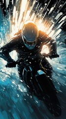 Action scene with a motorbike in the style of a comic book art