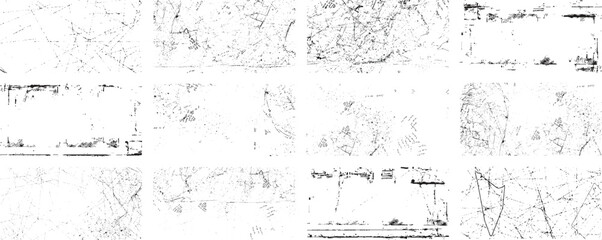 Overlay textures set stamp with grunge effect. Old damage Dirty grainy and scratches. Set of different distressed black grain texture. Distress overlay vector textures.	