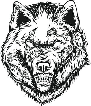 Wild haunting zombie wolf head monster monochrome vector illustrations for your work logo, merchandise t-shirt, stickers and label designs, poster, greeting cards advertising business company