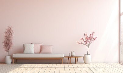 Japanese modern living room in light pink tones. Modern minimalist interior. Background with contemporary design. Modern interior design. 3D render, generative ai.