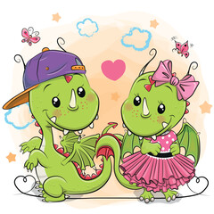 Two Cute Cartoon Dragons Boy and Girl