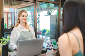 Smiling waitress wear apron take order talk to clients serving restaurant guests choosing food drinks menu in cafe coffeehouse bar, waiting staff, good customer service, cashier serving customers