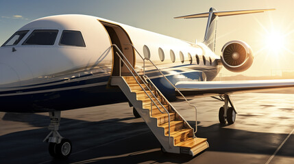 Luxurious Private Jet Parked at Terminal with Stairs Ready for Boarding, Generative AI