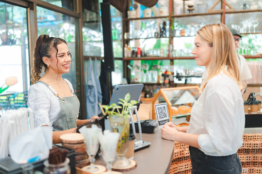 Smiling Waitress Wear Apron Take Order Talk To Clients Serving Restaurant Guests Choosing Food Drinks Menu In Cafe Coffeehouse Bar, Waiting Staff, Good Customer Service, Cashier Serving Customers