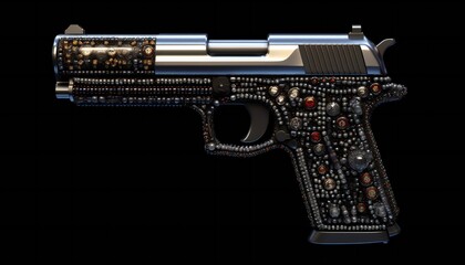 Gun with bullets on black background