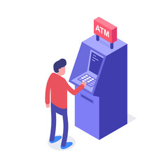 Cash withdrawal service illustration. A man attempting to use an ATM machine. Isometric vector web banner.