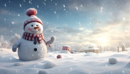Fototapeta premium Panoramic view of happy snowman in winter scenery