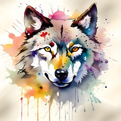 A watercolor painting of a Wolf's head with watercolor splashes. The Wolf's head is realistic