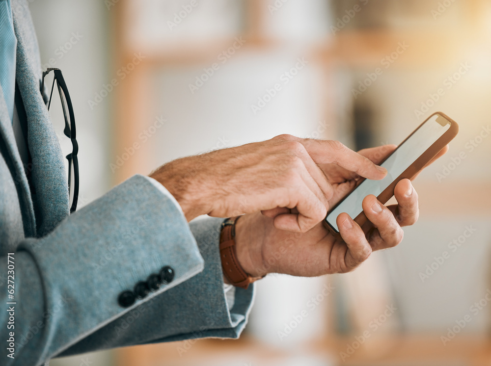 Aufkleber Business man, hands and phone screen at desk with networking, text and online communication. App, mobile message and social media browse in a office and workplace with contact and typing at company