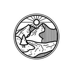 Mountain and wildlife monoline or line art style badge