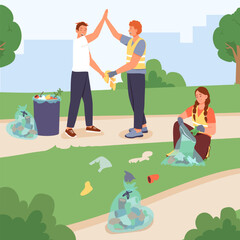 Volunteer collect waste and cleaning park territory. Help and care of environment. Help planet concept. Garbage collection concept. Flat vector illustration in cartoon style