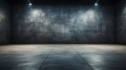 Empty room with concrete walls, dark interior with spotlights. Industrial copy space. Generative AI