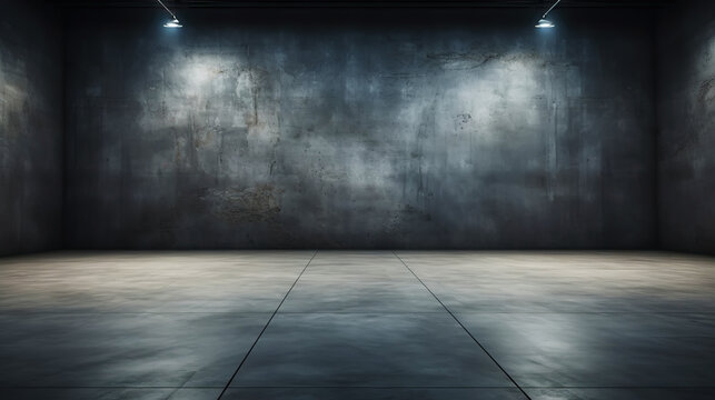 Empty Room With Concrete Walls, Dark Interior With Spotlights. Industrial Copy Space. Generative AI