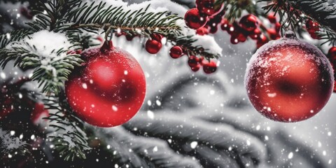 Fototapeta na wymiar Red Christmas balls on fir branches winter snowy backdrop