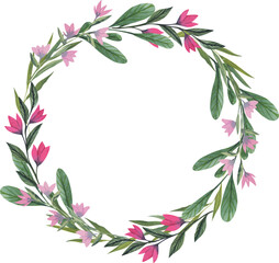 Fototapeta na wymiar Vector wreath with flowers. Elegant floral collection with isolated pink and purple flowers and green brunches with leaves. Design for invitation, wedding or greeting cards.