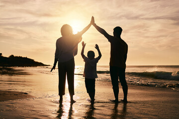 Fototapeta premium Silhouette, family and protection, beach at sunset with parents and child, safety and ocean waves. Bonding in nature, insurance and people outdoor, tropical holiday and travel with trust and love