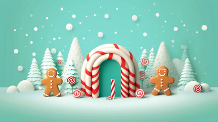 Christmas and New Year background with gingerbread house, candy canes, fir trees and snowflakes