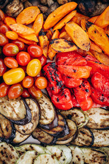 Grilled vegetables tomatoes eggplant carrot and zucchini close up photo