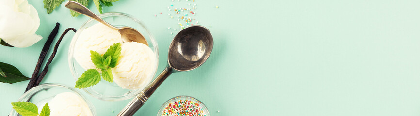 Scoops of Vanilla, sprinkles and mint leaves in glass bowl over pastel light blue background, top view, banner, copy space