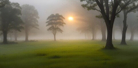 Fototapeta na wymiar A foggy morning in a lush. AI generated illustration
