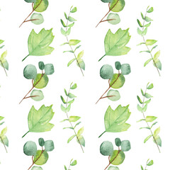 Fototapeta na wymiar Seamless pattern green leaves trees and branches, foliage of natural branches, green leaves, herbs, tropical plants hand drawn watercolor on white background.