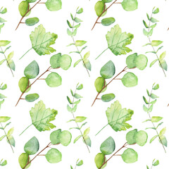 Seamless pattern green leaves trees and branches, foliage of natural branches, green leaves, herbs, tropical plants hand drawn watercolor on white background.