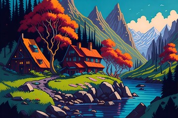 Beautiful vibrant color landscape. AI generated illustration