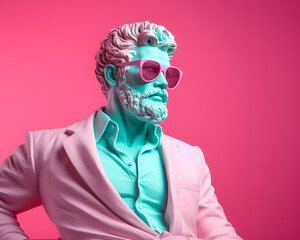 Antique man statue with suit and sunglasses on the pink background. Minimal pastel concept. 