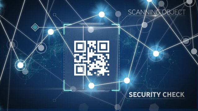 Animation of glowing network of connections over qr code scanner against blue background