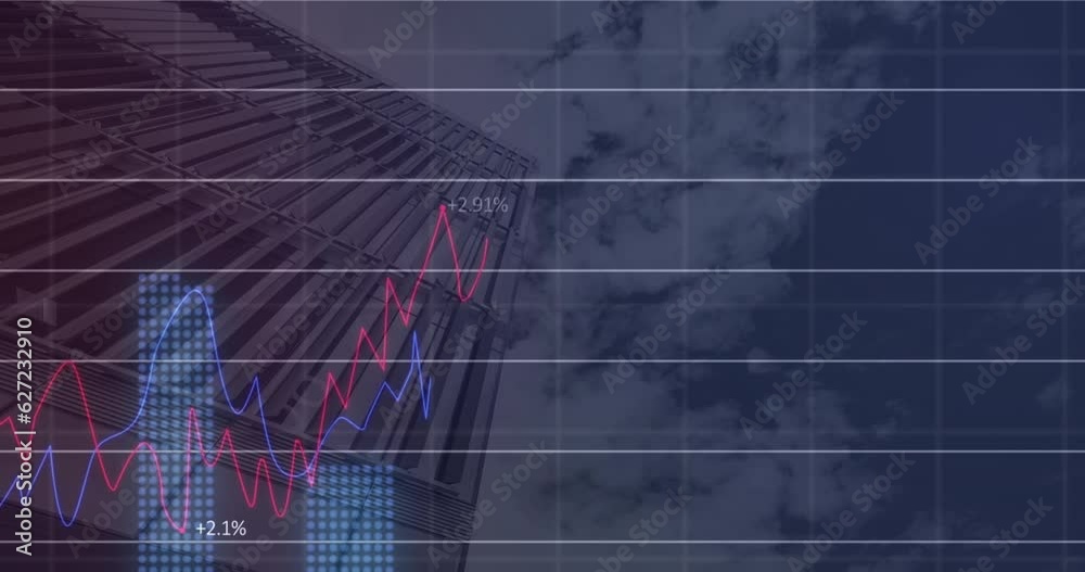 Canvas Prints Animation of statistical data processing over grid network against low angle view of tall building