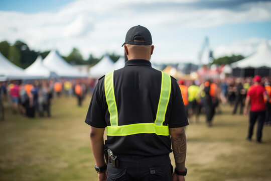 Security Guard In Black Stands With His Back To Music Festivals And Events