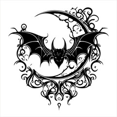 Bat, tribal style, crescent moon, Halloween, isolated on black background