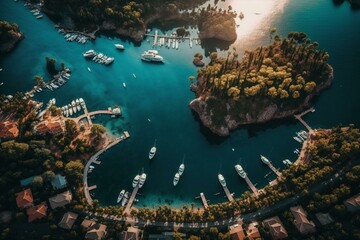 Fototapeta premium Bird's-eye view of a lovely bay adorned with a marina filled with yachts close to the ancient town of Kaleici in Antalya, Turkey's Riviera and resort haven. Generative AI