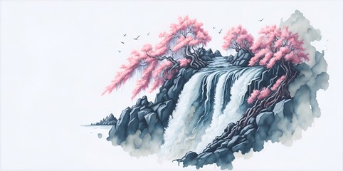 Blossom Sakura in mountains. Watercolor. AI generated illustration