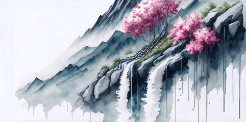 Blossom Sakura in mountains. Watercolor. AI generated illustration