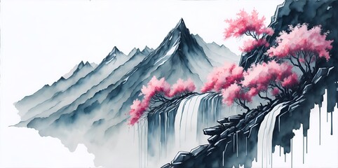 Blossom Sakura in mountains. Watercolor. AI generated illustration