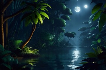 Fototapeta na wymiar The jungle with moonlight. AI generated illustration