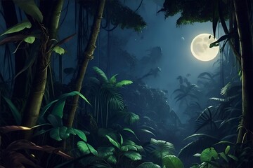 Obraz premium The jungle with moonlight. AI generated illustration